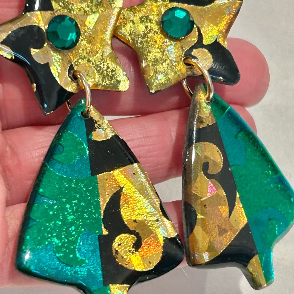 NEW CHRISTMAS GLITZ SPARKLING GOLD/BLACK & GREEN ART DECO pierced EARRING